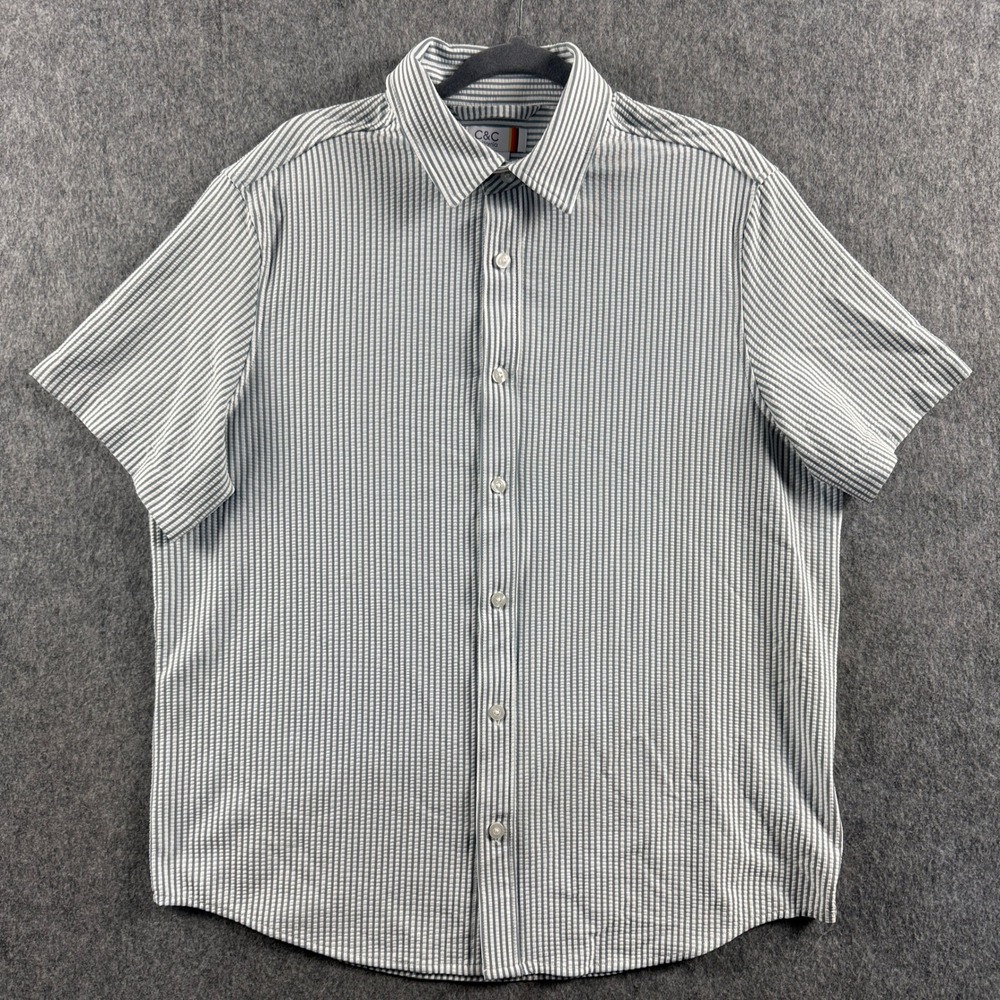 C&C California Men's L Blue White Short Sleeve Striped Button Down Shirt